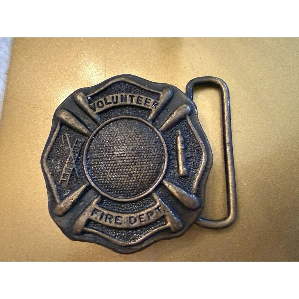 Vintage Solid Brass Volunteer Fire Department Belt Buckle Maltese Cross Ladder